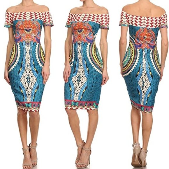 Banjul Dresses & Skirts - Banjul Bodycon Off-the-shoulder Multi-colored Dress - Small